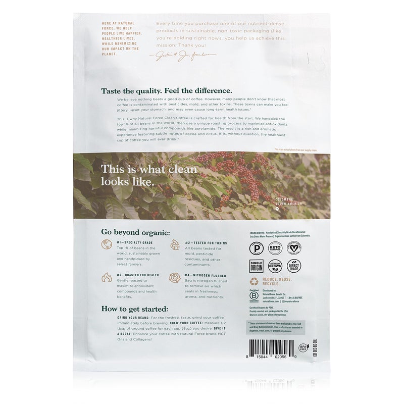 Natural Force - Organic Clean Decaf Coffee, Mold & Mycotoxin Free, Lab Tested for Toxins & Purity, Low Acidity, Whole Bean Swiss Water Decaf Medium Roast, 12 oz - Image 2